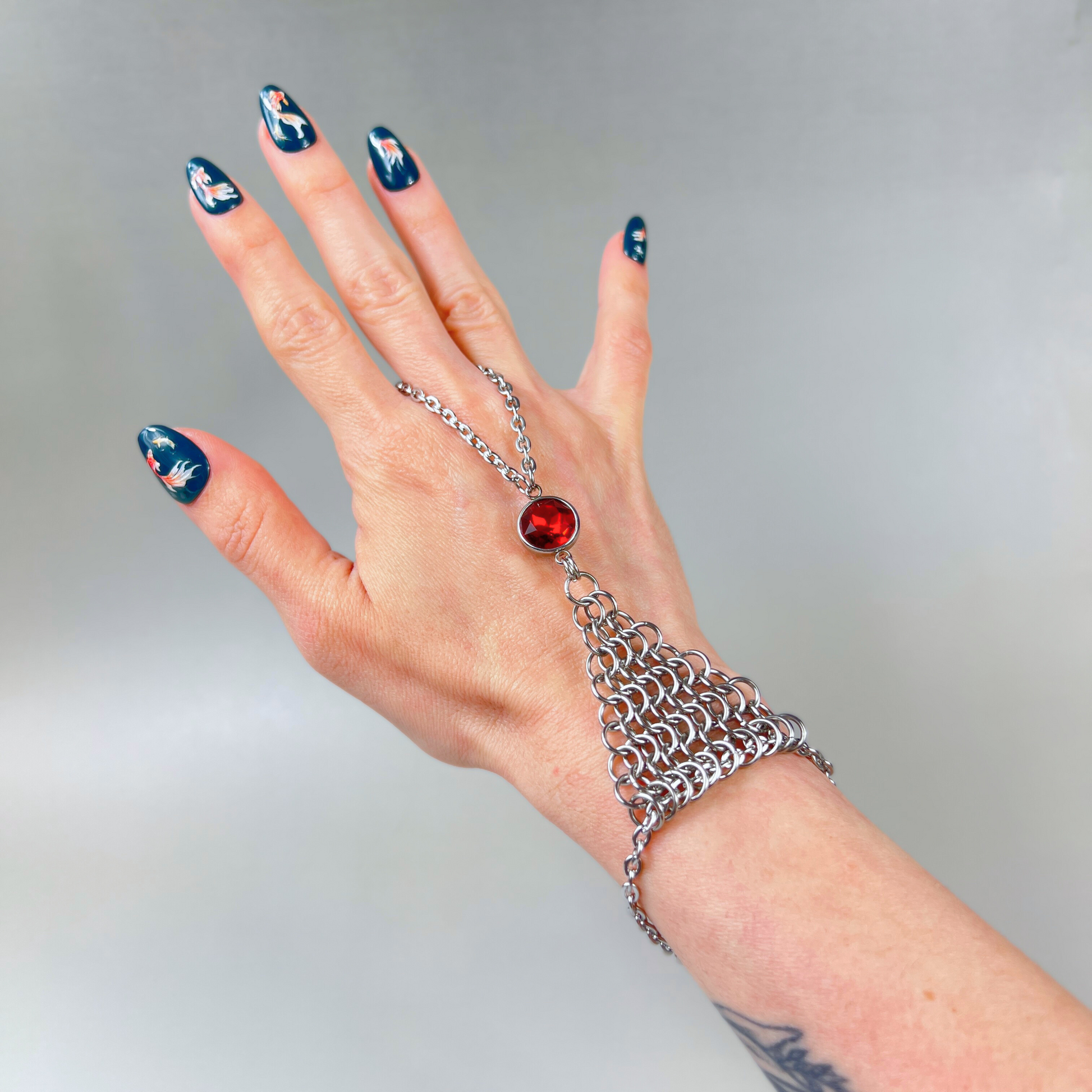 Chainmail and rhinestone ring bracelet hand chain, red, blue or purple Baguette Magick