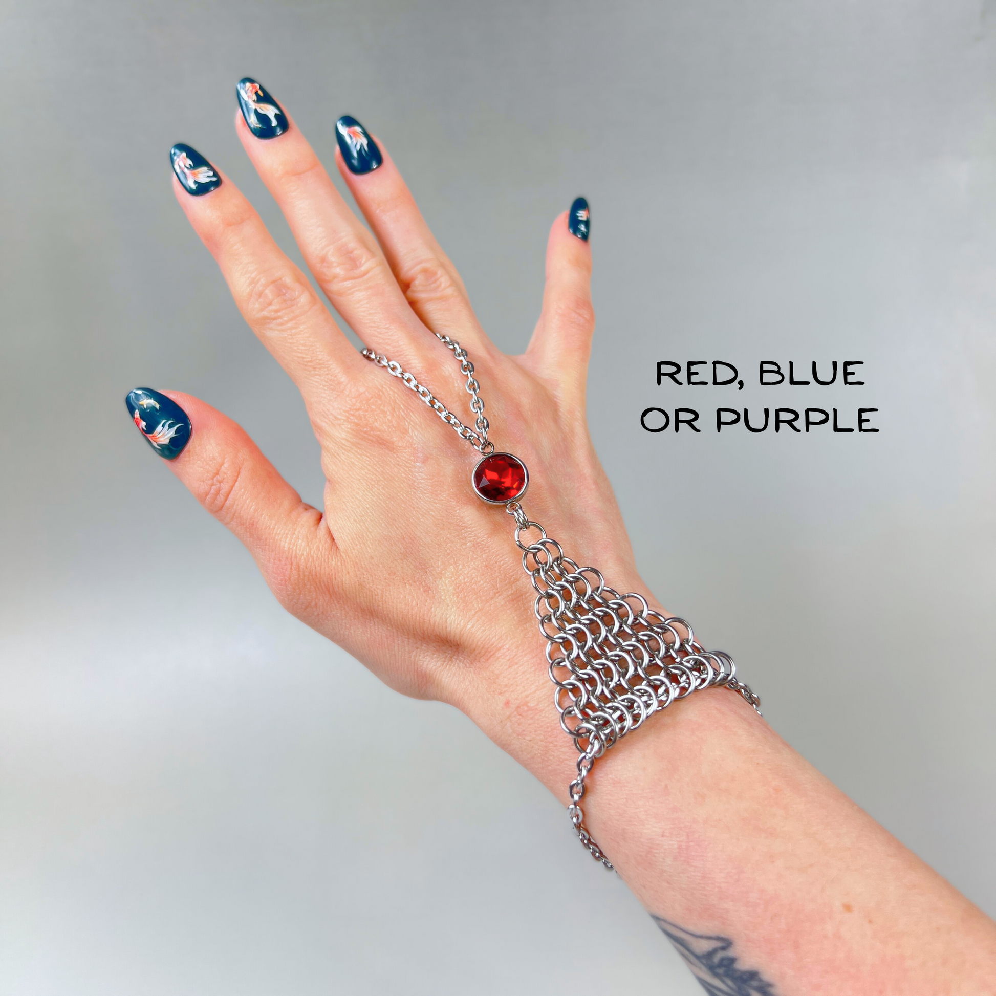 Chainmail and rhinestone ring bracelet hand chain, red, blue or purple Baguette Magick