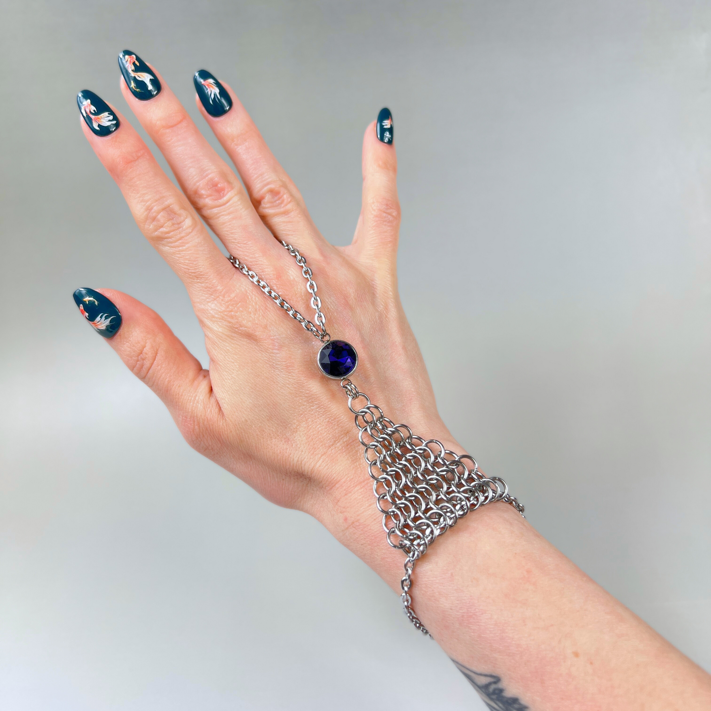 Chainmail and rhinestone ring bracelet hand chain, red, blue or purple Baguette Magick