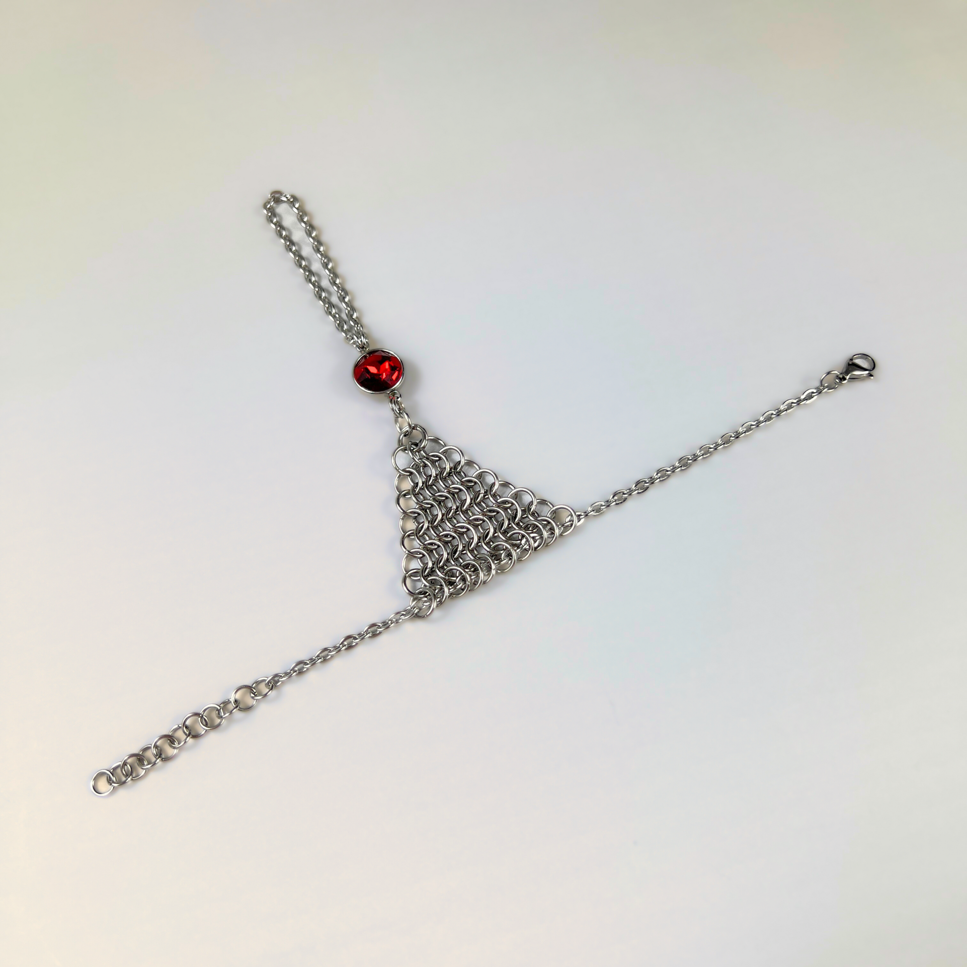 Chainmail and rhinestone ring bracelet hand chain, red, blue or purple Baguette Magick