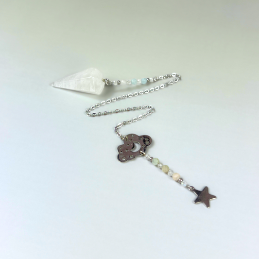 Celestial gemstone pendulum, quartz, moonstone, morganite