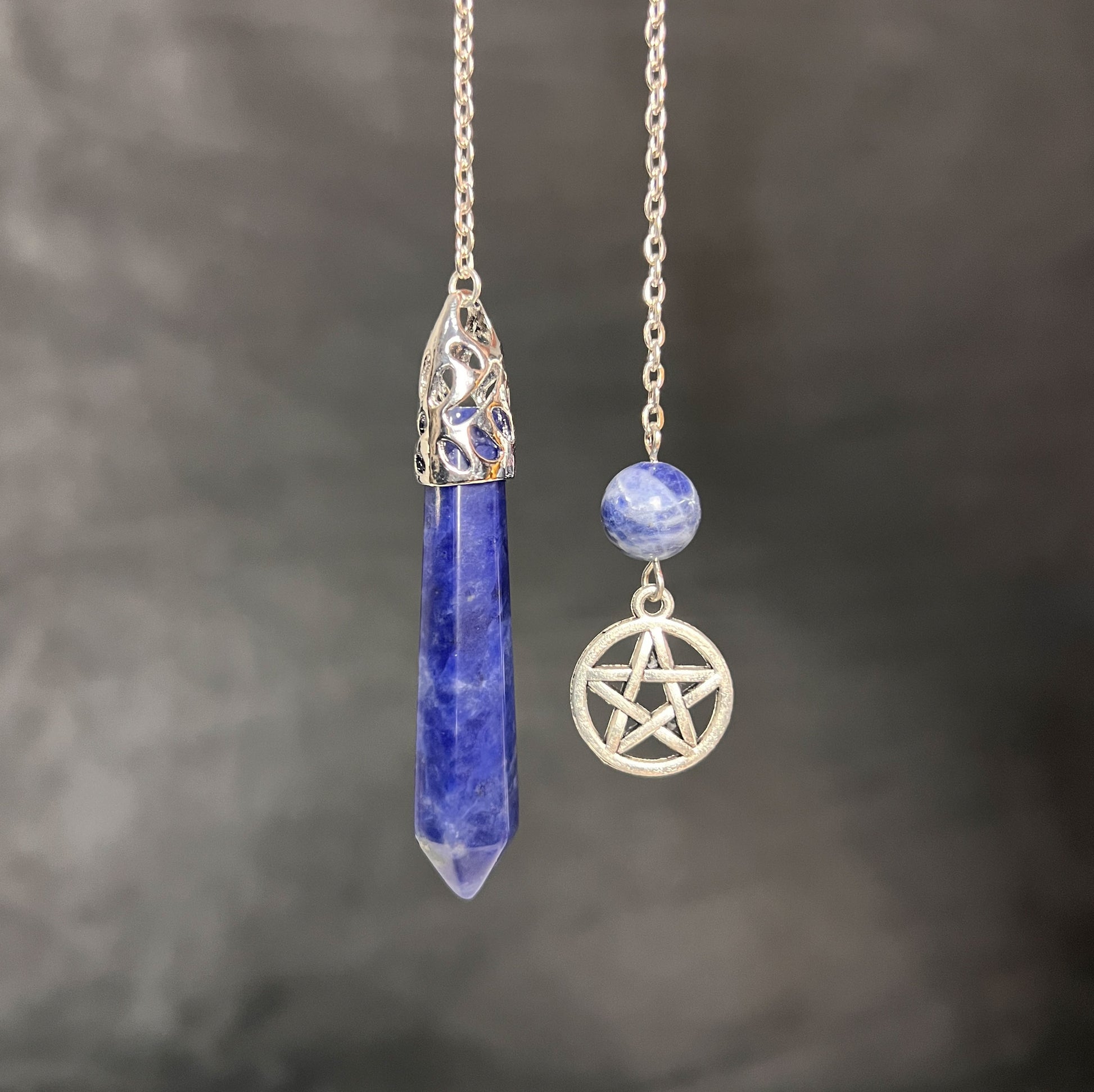 Crystal pendulum Sodalite gemstone and pagan pentacle dowsing tool sodalite pendulum for divination