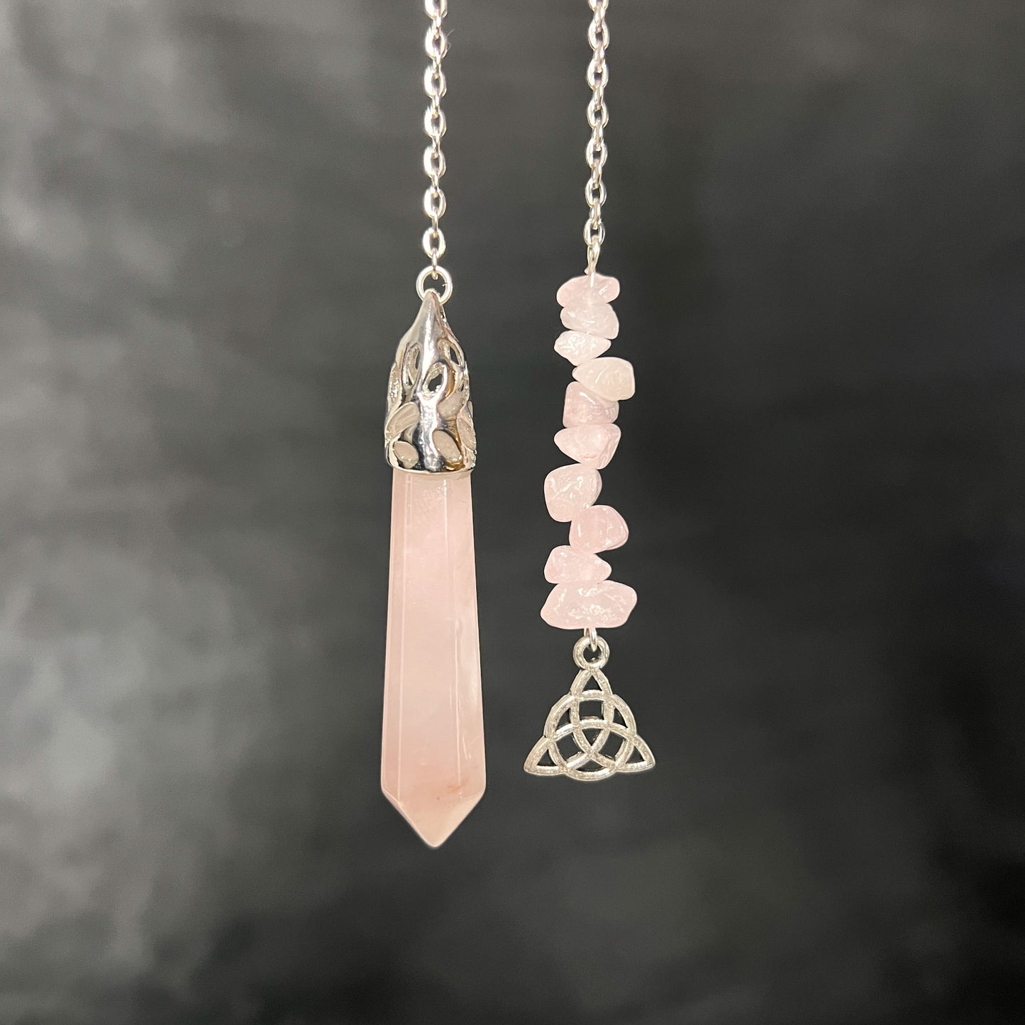 rose quartz celtic knot triquetra dowsing pendulum for divination baguette magick