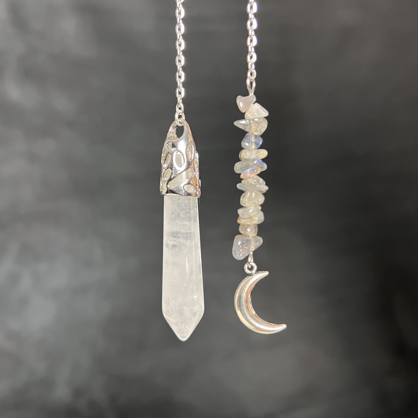 Clear quartz and labradorite Moon crescent dowsing pendulum Baguette Magick