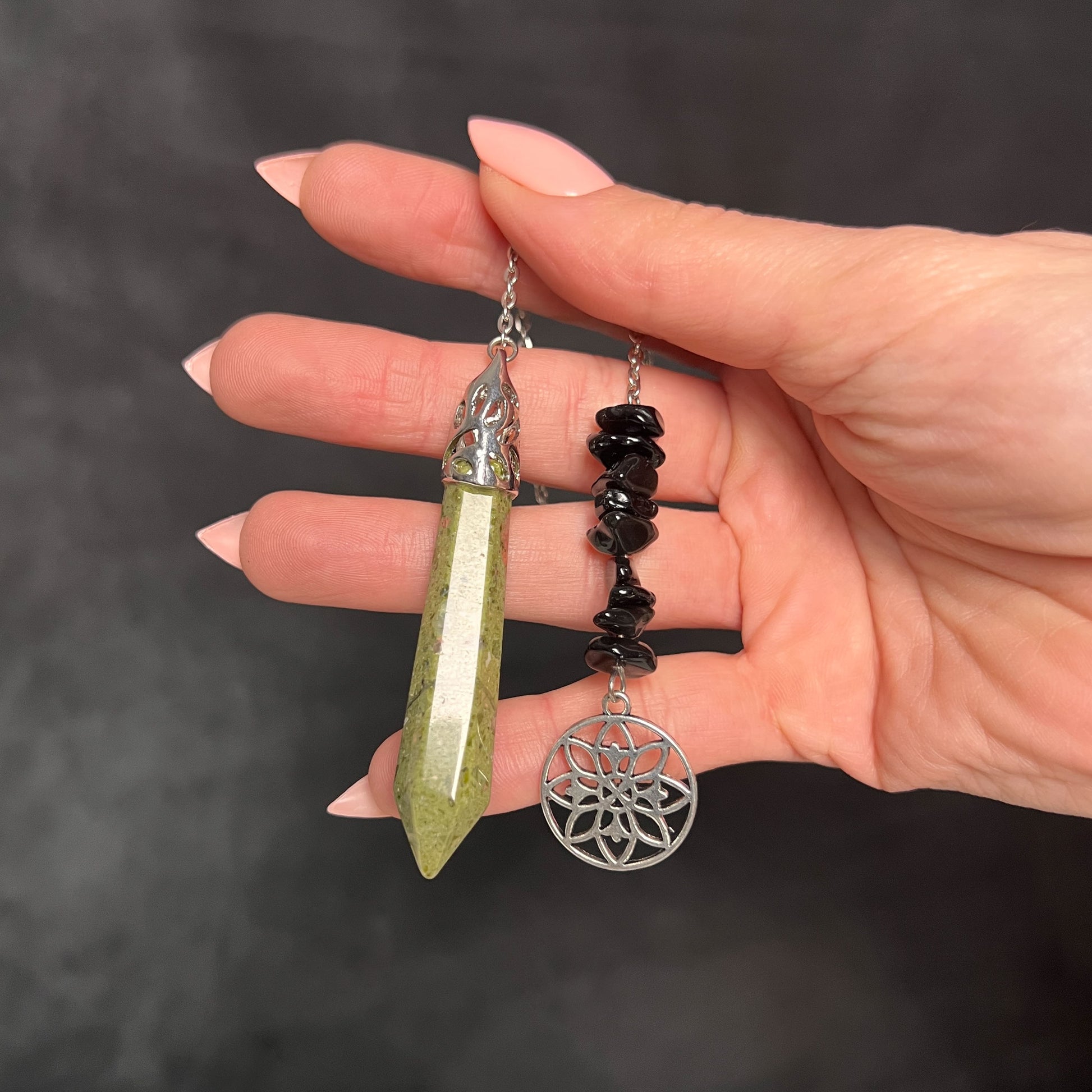 Unakite and obsidian beads geometric flower pendulum Baguette Magick