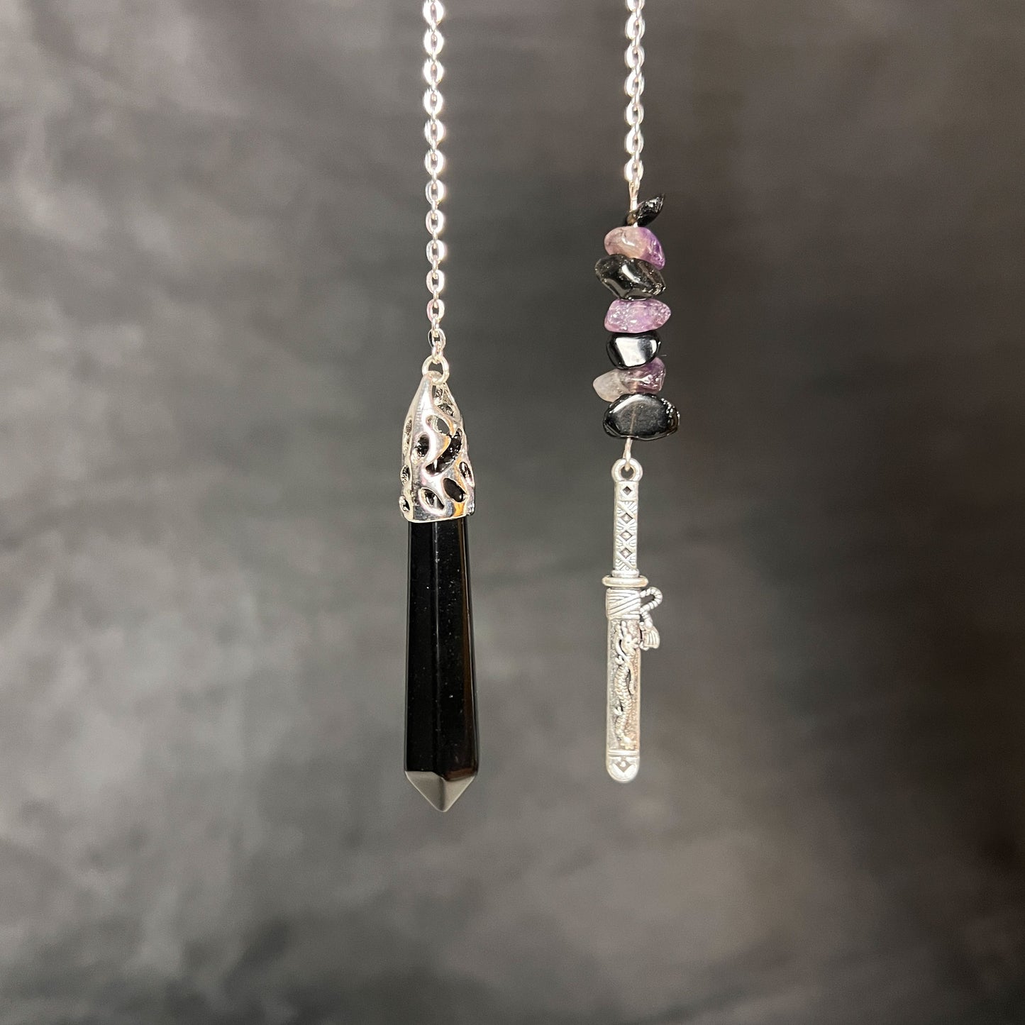 Crystal pendulum onyx obsidian amethyst gemstones with a tanto dagger dowsing tool fortune teller gift gothic divination tool