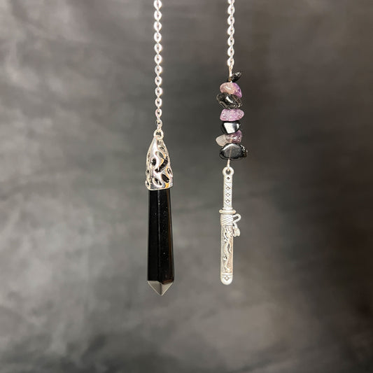 Onyx, obsidian and amethyst pendulum with a tanto dagger charm Baguette Magick
