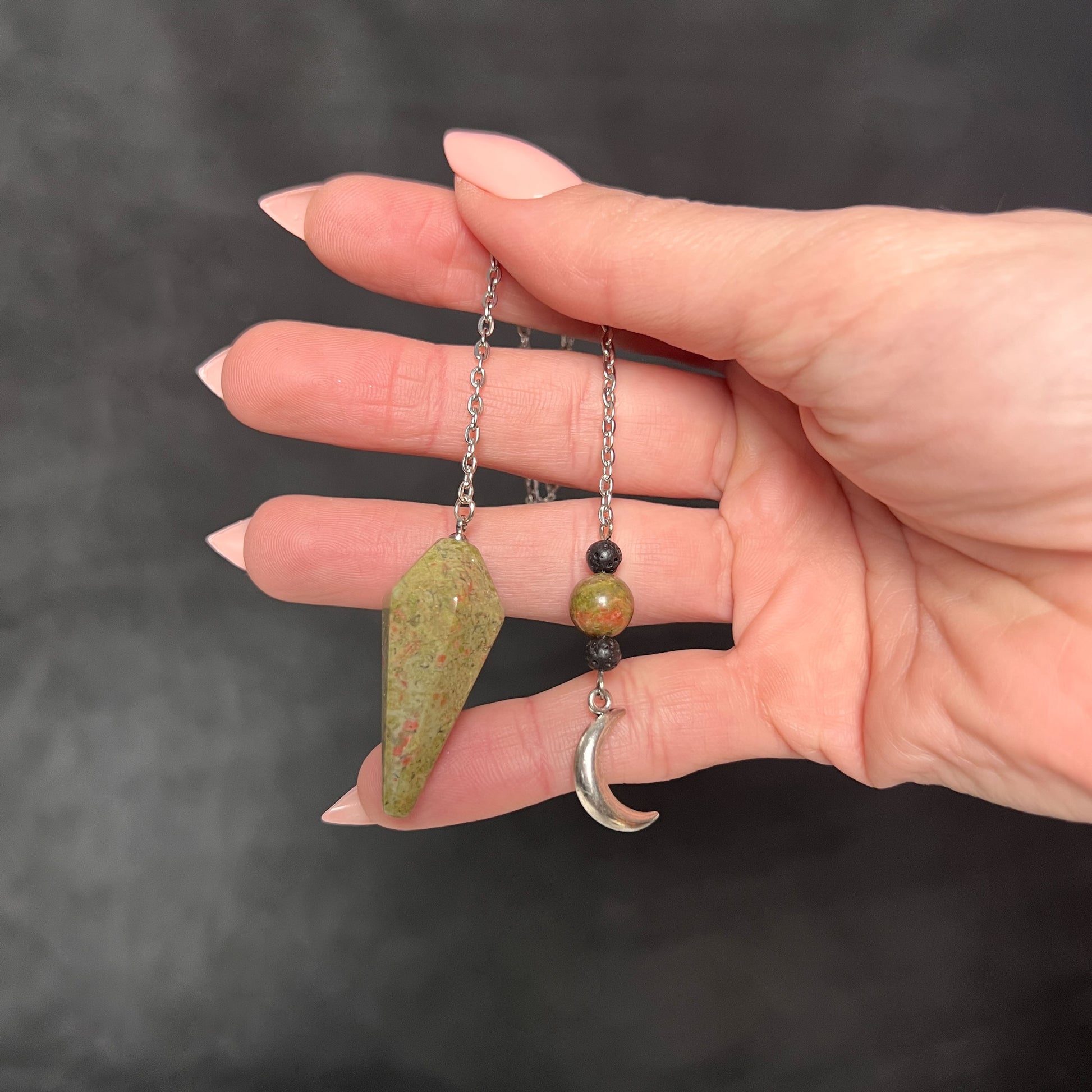 Unakite and lava rock Moon crescent pendulum Baguette Magick