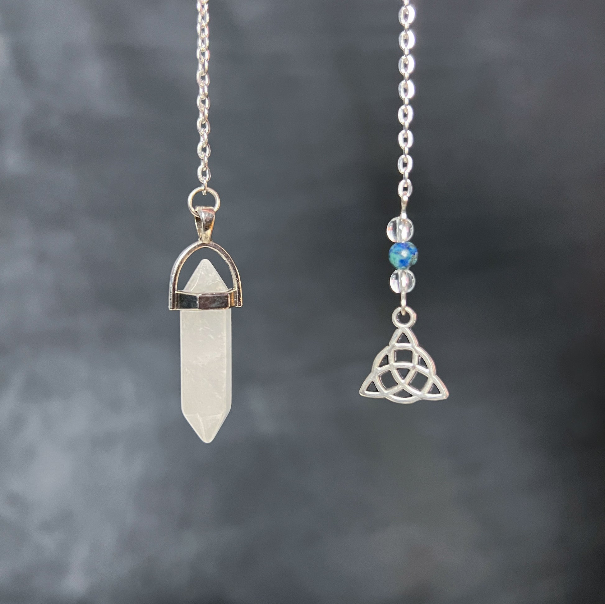 Gemstone pendulum clear quartz crystal azurite in malachite pendulum triquetra celtic knot charm divination tool dowsing pendulum