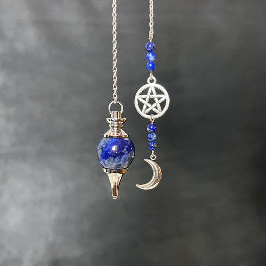 Lapis lazuli dowsing pendulum with a pentacle and Moon crescent charm Sephoroton crystal pendulum divination tool