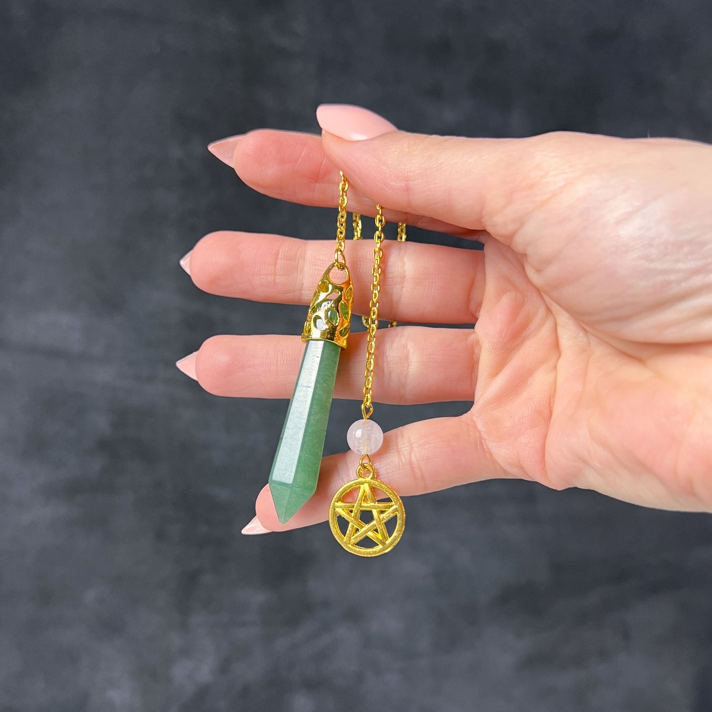 Aventurine and rose quartz pentacle gemstone pendulum Baguette Magick