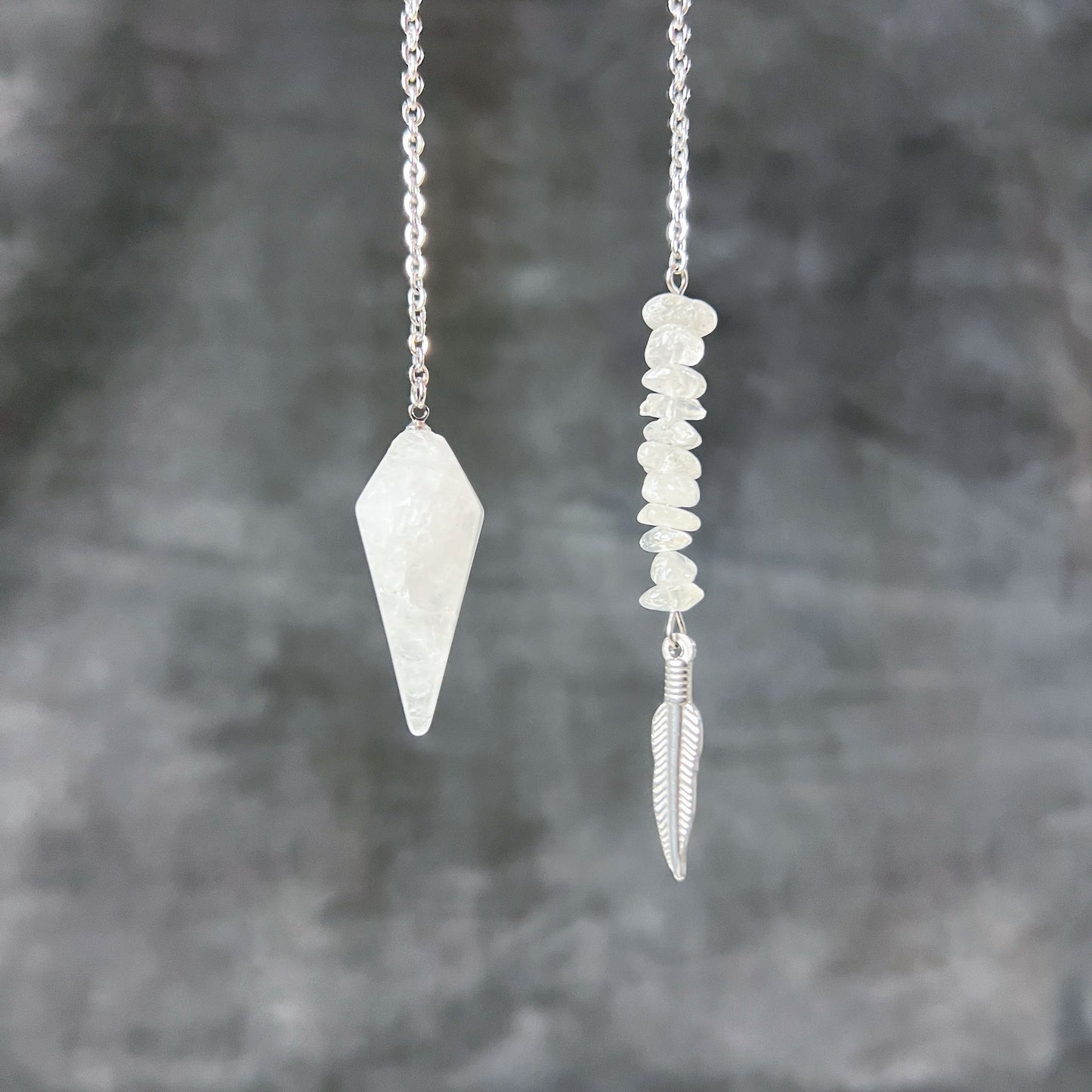 clear quartz gemstone crystal dowsing pendulum feather charm witchcraft altar pagan tool baguette magick