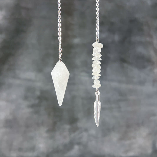 Stainless steel clear quartz and feather pendulum Baguette Magick