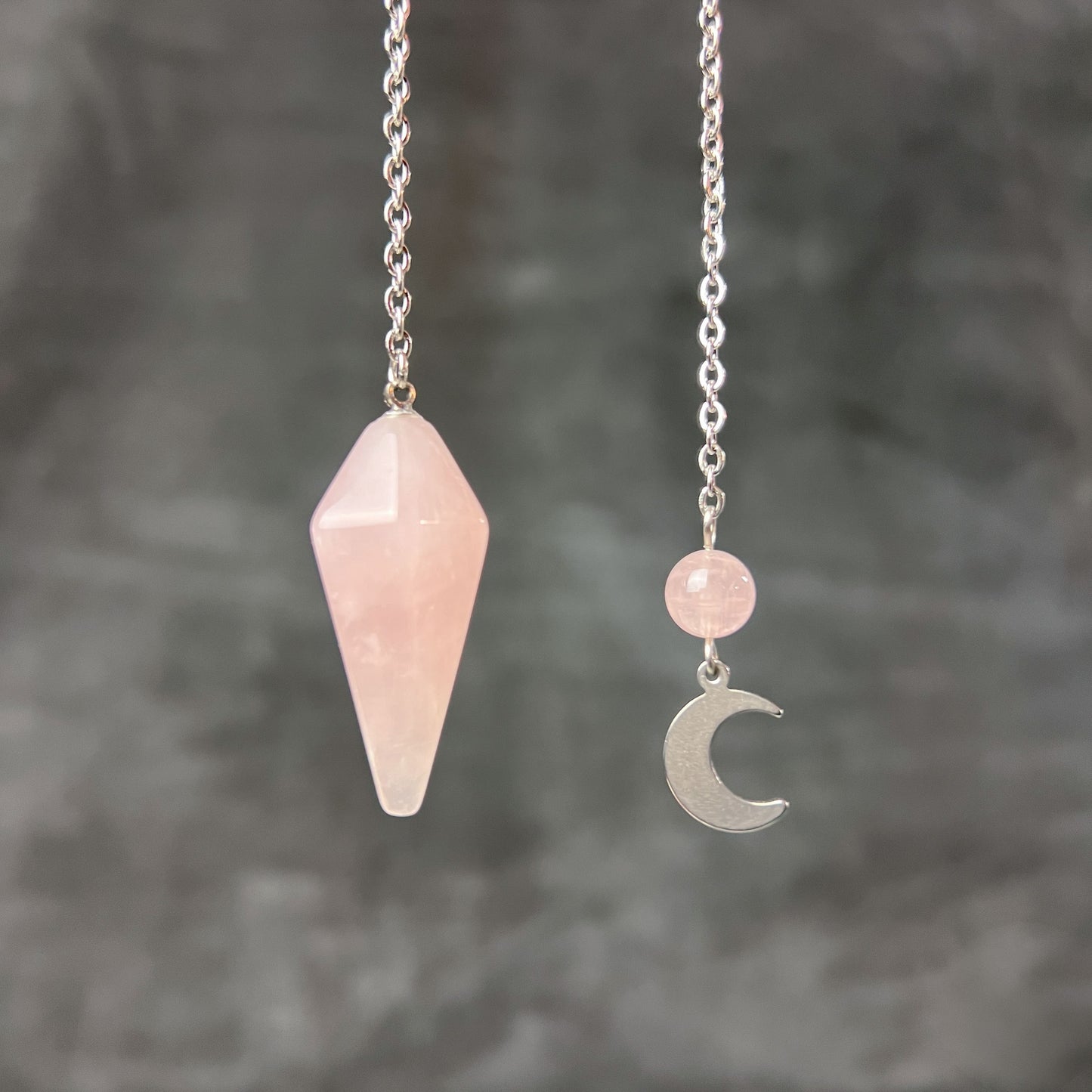 Stainless steel Rose quartz pendulum with a crescent Moon divination tool