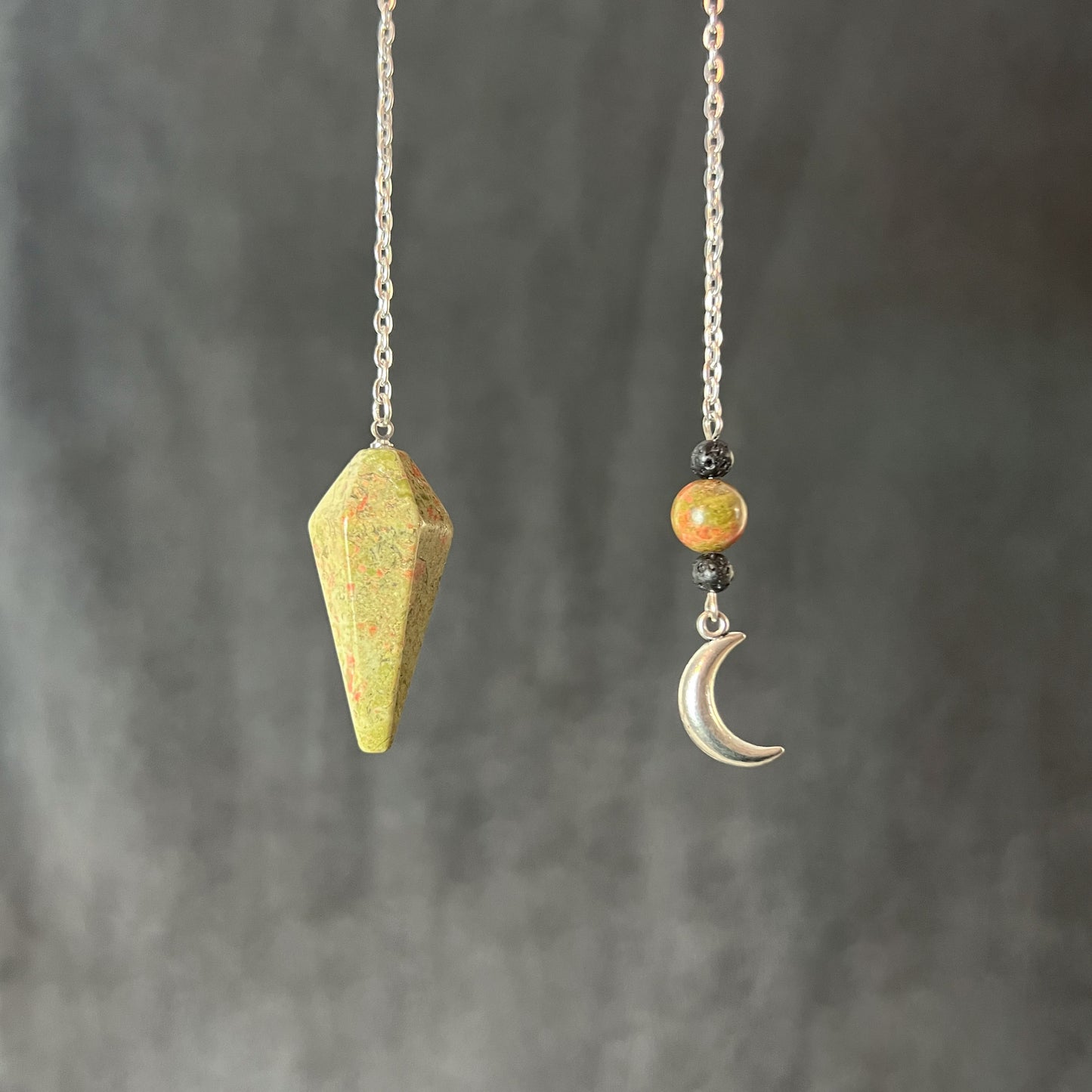 Unakite and lava rock Moon crescent pendulum Baguette Magick