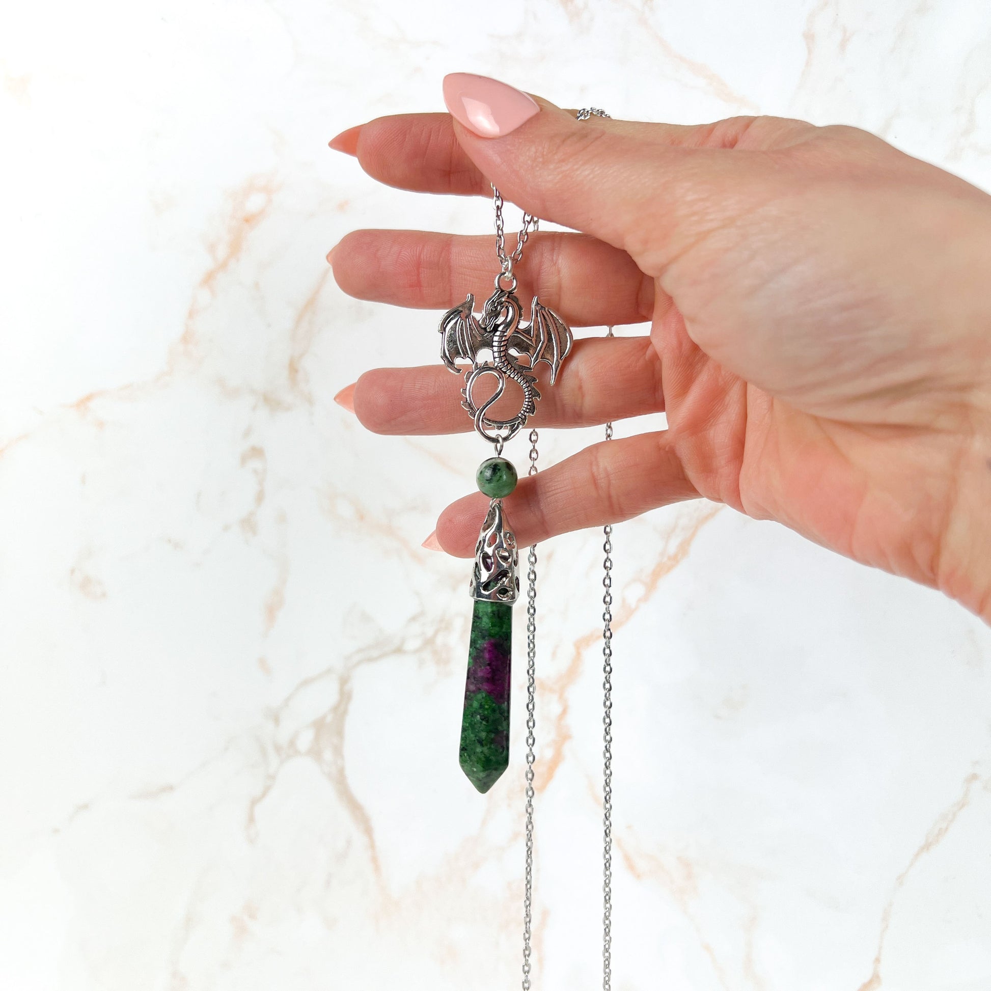 Dragon and Ruby Zoisite Anyolite pendulum necklace Baguette Magick