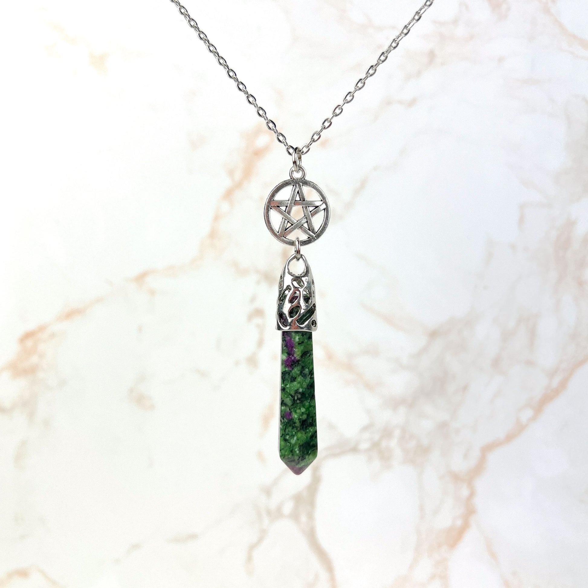 Ruby in Zoisite Anyolite crystal and pentacle divination necklace Baguette Magick