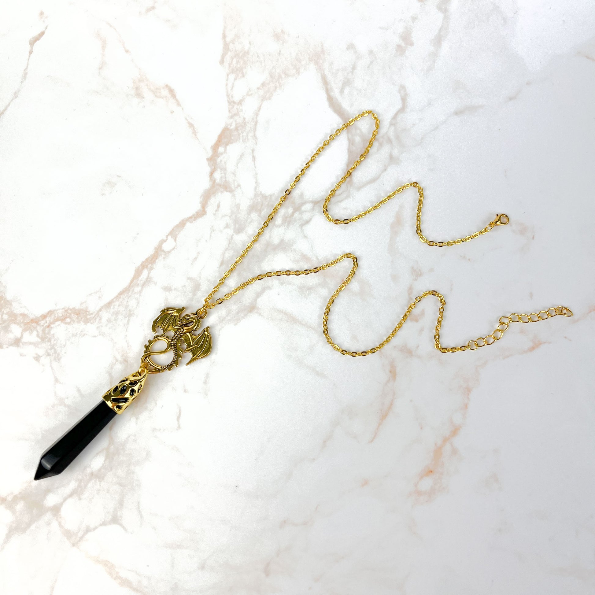 Golden onyx and dragon divination pendulum necklace Baguette Magick