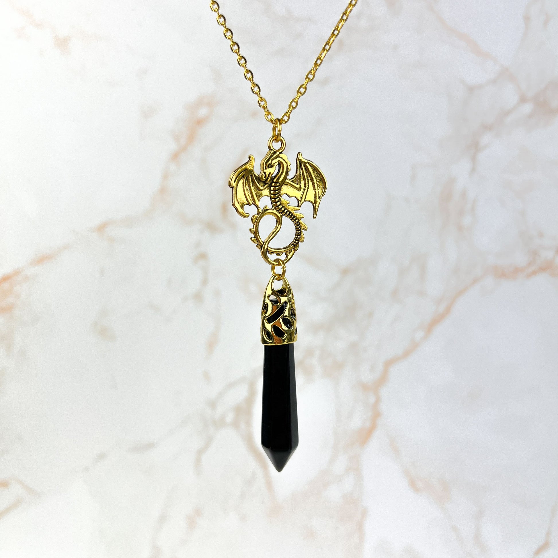 Golden onyx and dragon divination pendulum necklace Baguette Magick