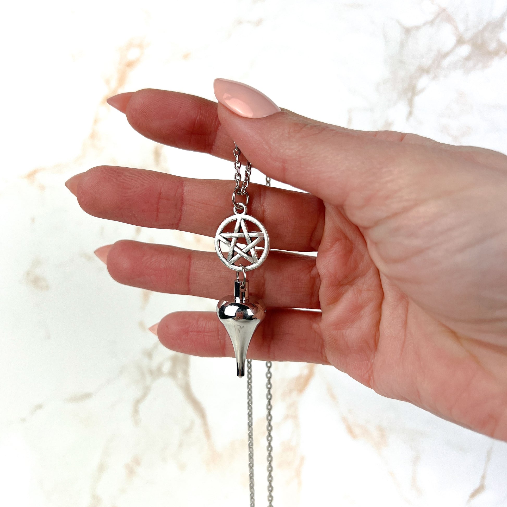 Luzi and pentacle pendulum necklace with a moon crescent charm Baguette Magick