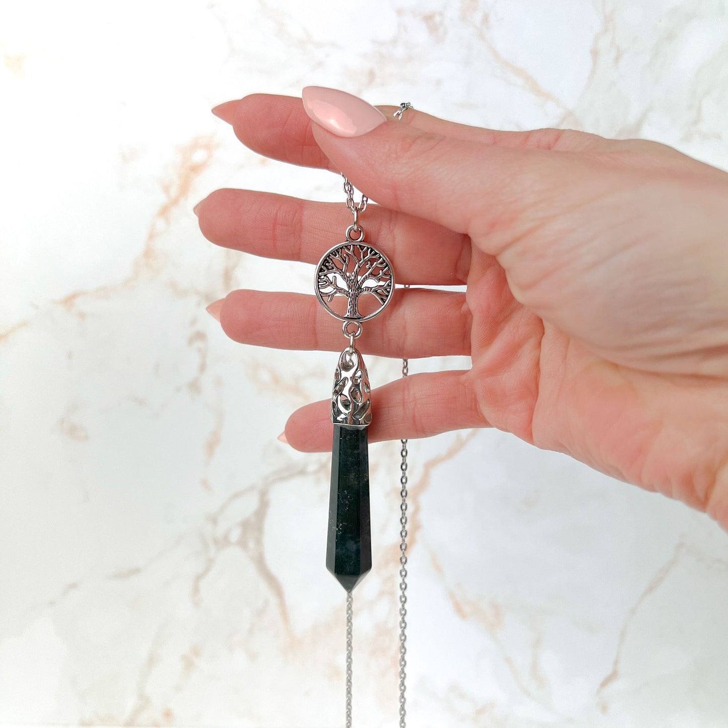 Moss agate and tree of life pendulum necklace Baguette Magick