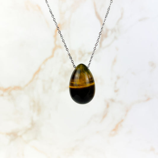 Tiger's eye gemstone egg and stainless steel necklace Baguette Magick