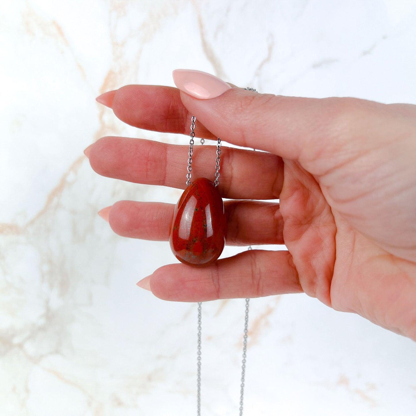 Red jasper gemstone egg and stainless steel necklace Baguette Magick