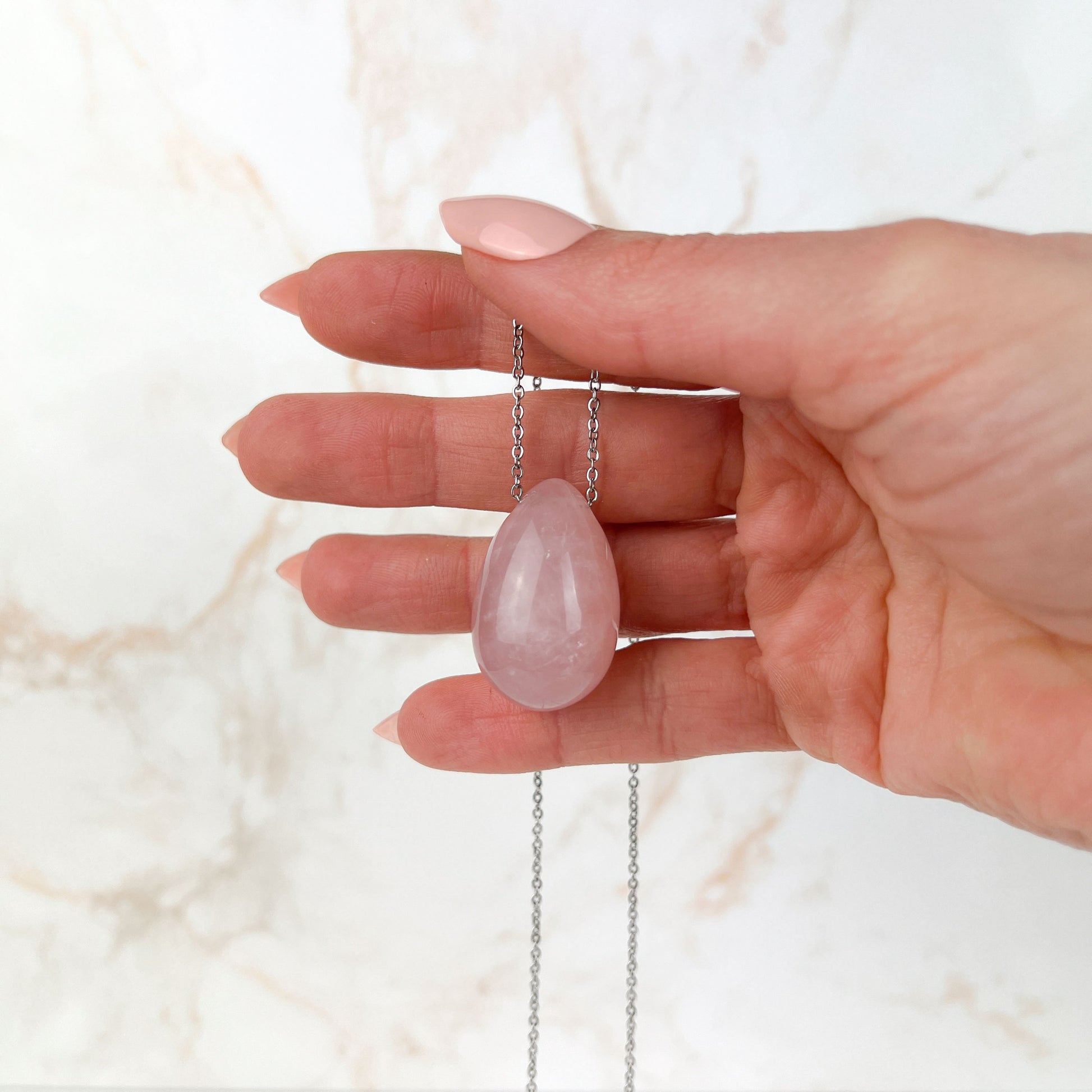 Rose quartz gemstone egg and stainless steel necklace Baguette Magick