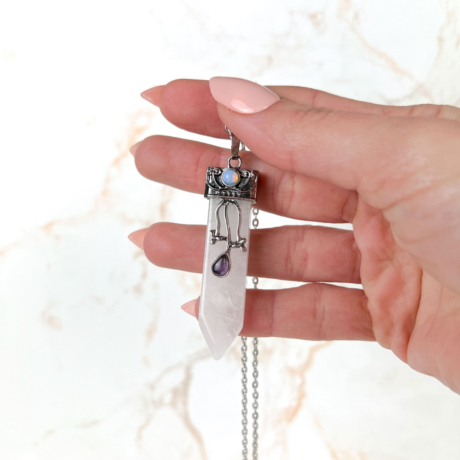 Art nouveau quartz and opalite gemstone witchy boho necklace Baguette Magick