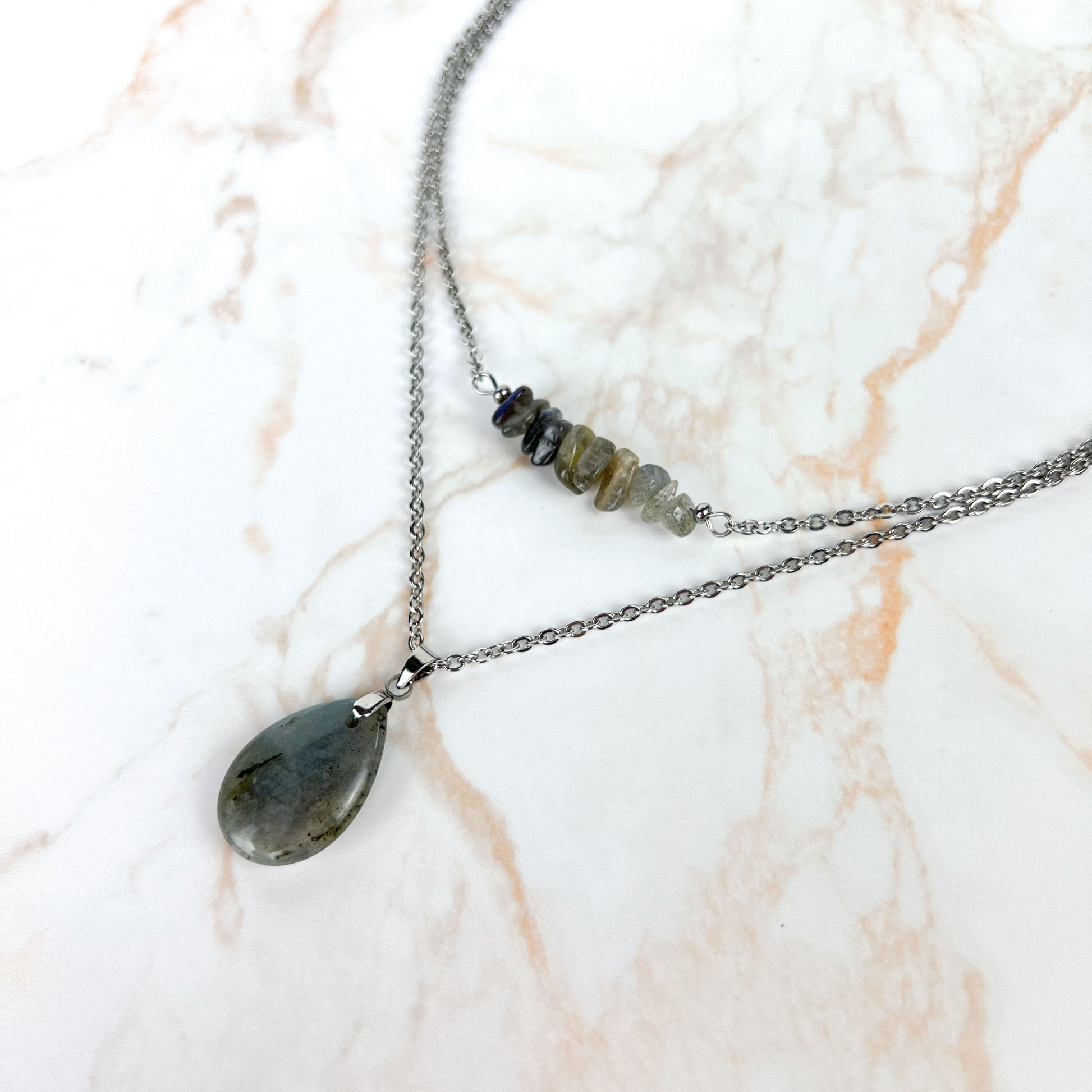 Set of two labradorite layered necklaces in stainless steel Baguette Magick