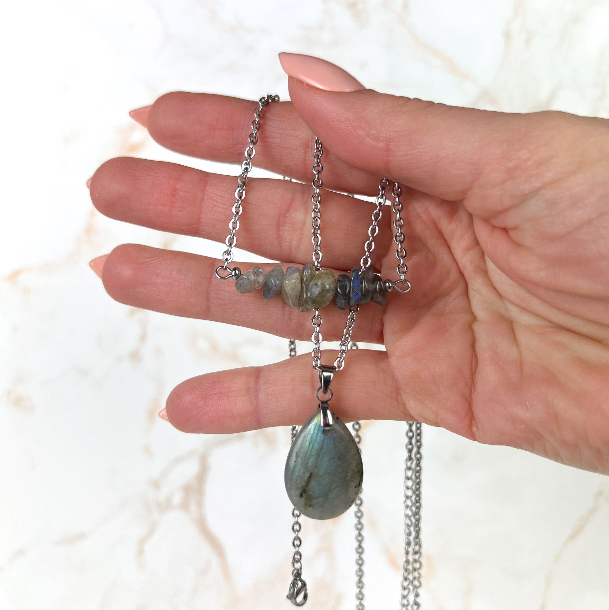 Set of two labradorite layered necklaces in stainless steel Baguette Magick