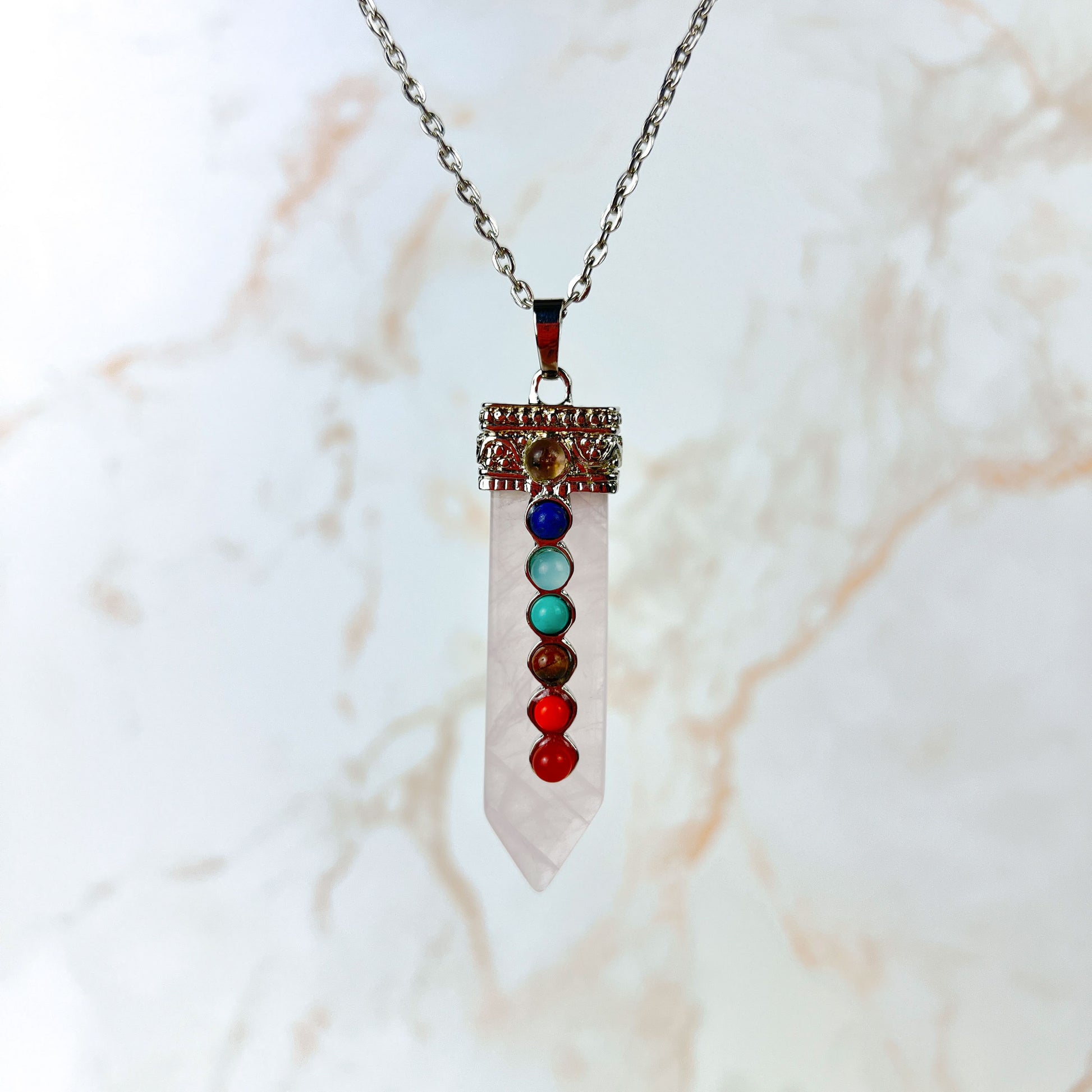 7 chakras rose quartz necklace Baguette Magick