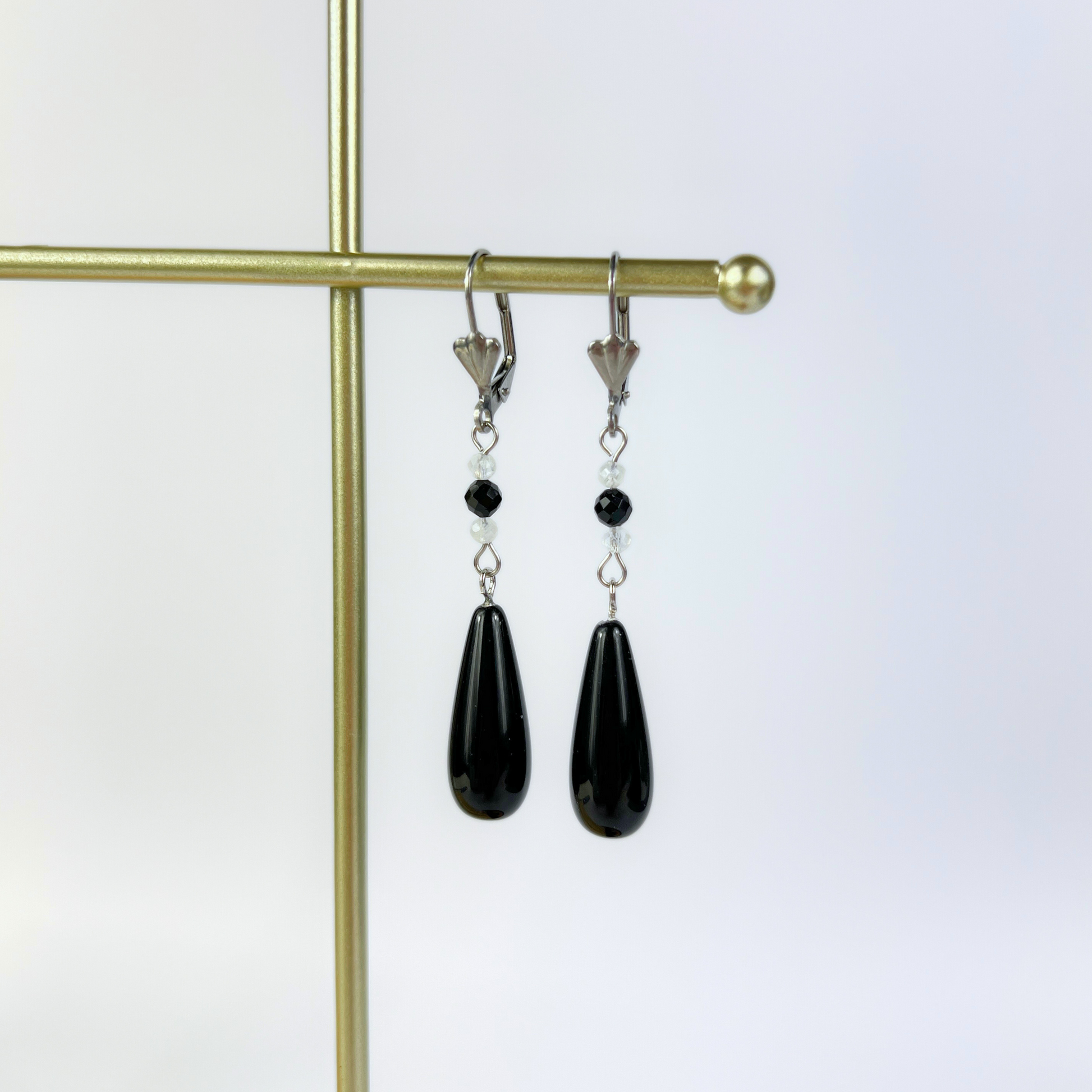 Obsidian, Moonstone and Onyx elegant dainty drop earrings Baguette Magick