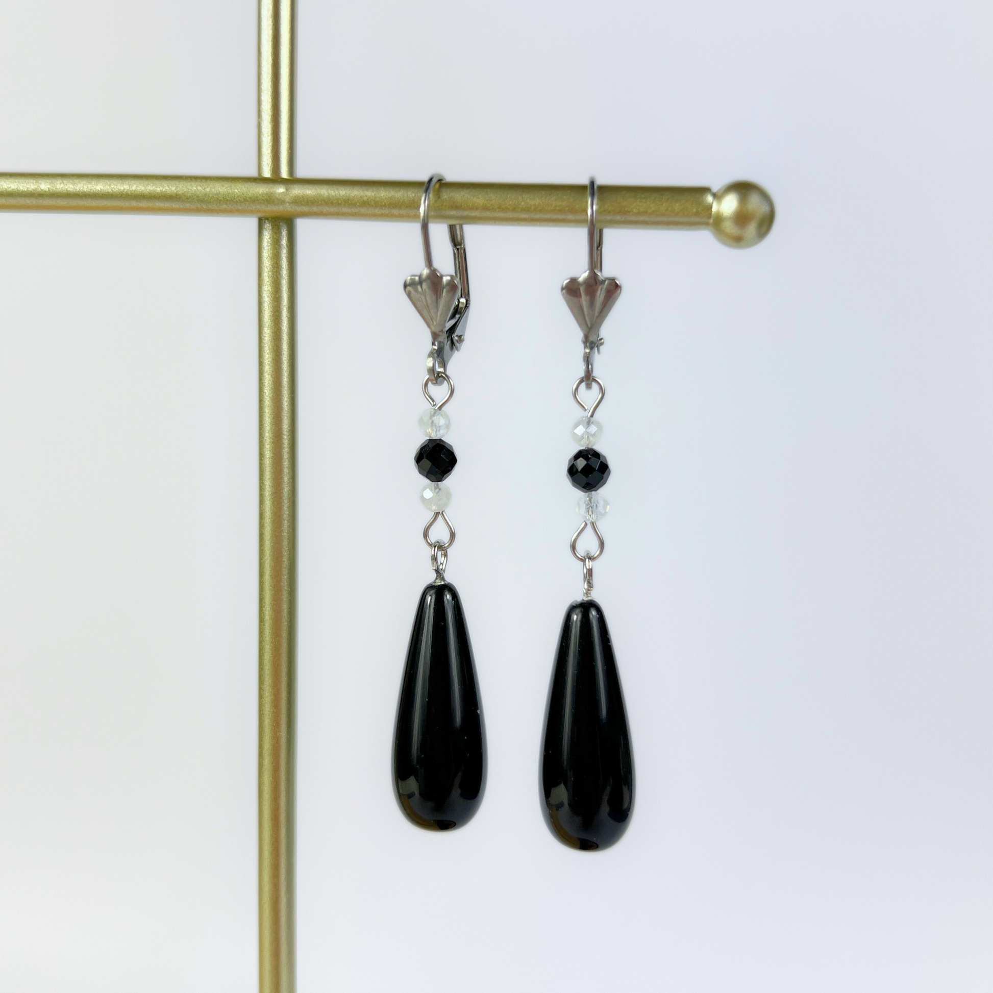 Obsidian, Moonstone and Onyx elegant dainty drop earrings Baguette Magick