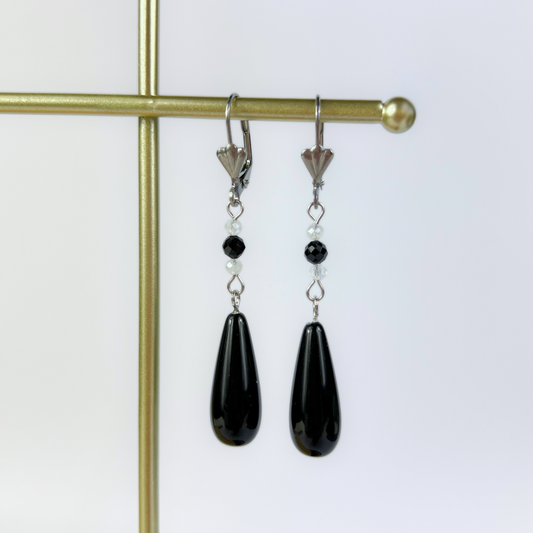 Obsidian, Moonstone and Onyx elegant dainty drop earrings Baguette Magick