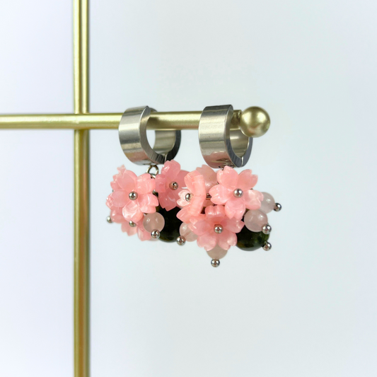Sakura bloom earrings: rose quartz and green jade on chunky huggie hoops