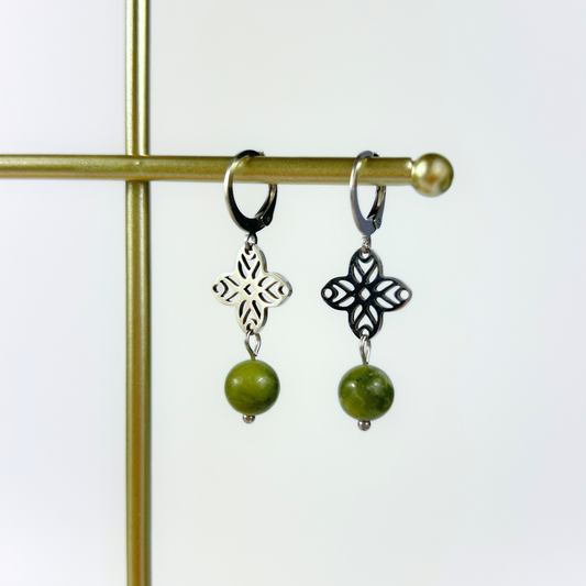 Art deco green jade earrings, floral mandala Baguette Magick