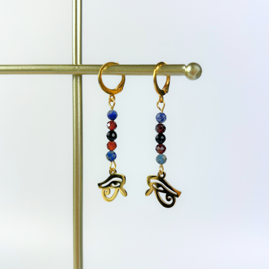Golden Eye of Horus earrings, lapis lazuli, garnet and onyx Baguette Magick