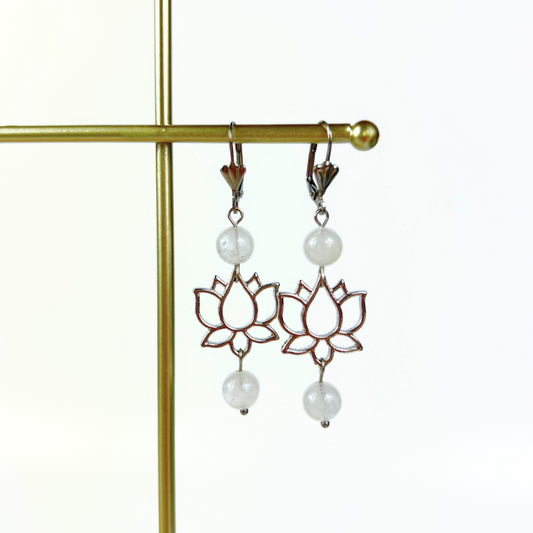 Clear quartz and lotus flower spiritual earrings Baguette Magick