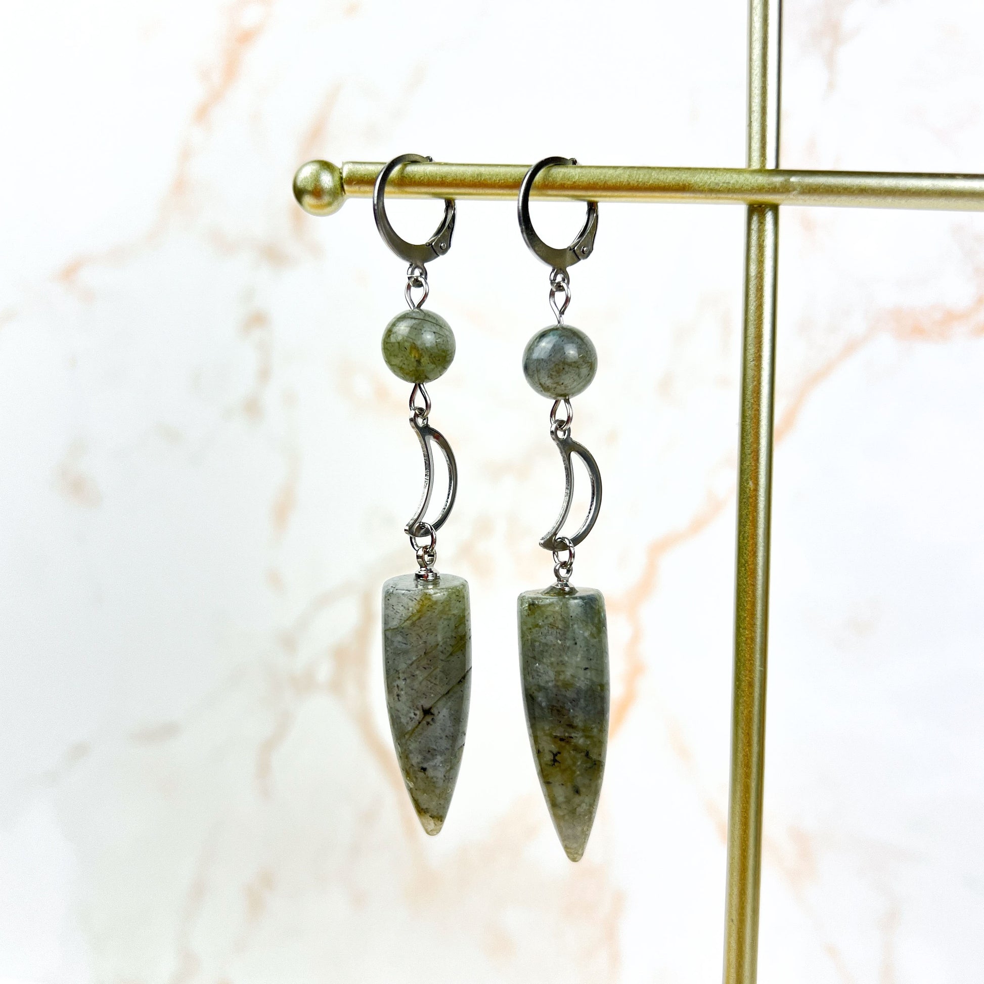 Stainless steel Moon crescent and labradorite boho earrings Baguette Magick