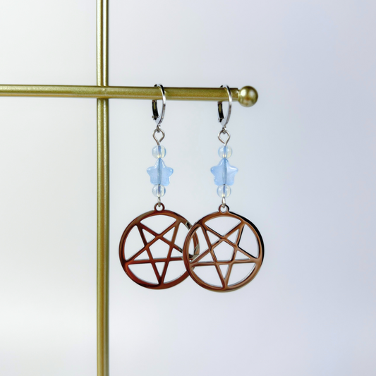 Inverted pentacle pastel goth earrings, with blue stars and opalite