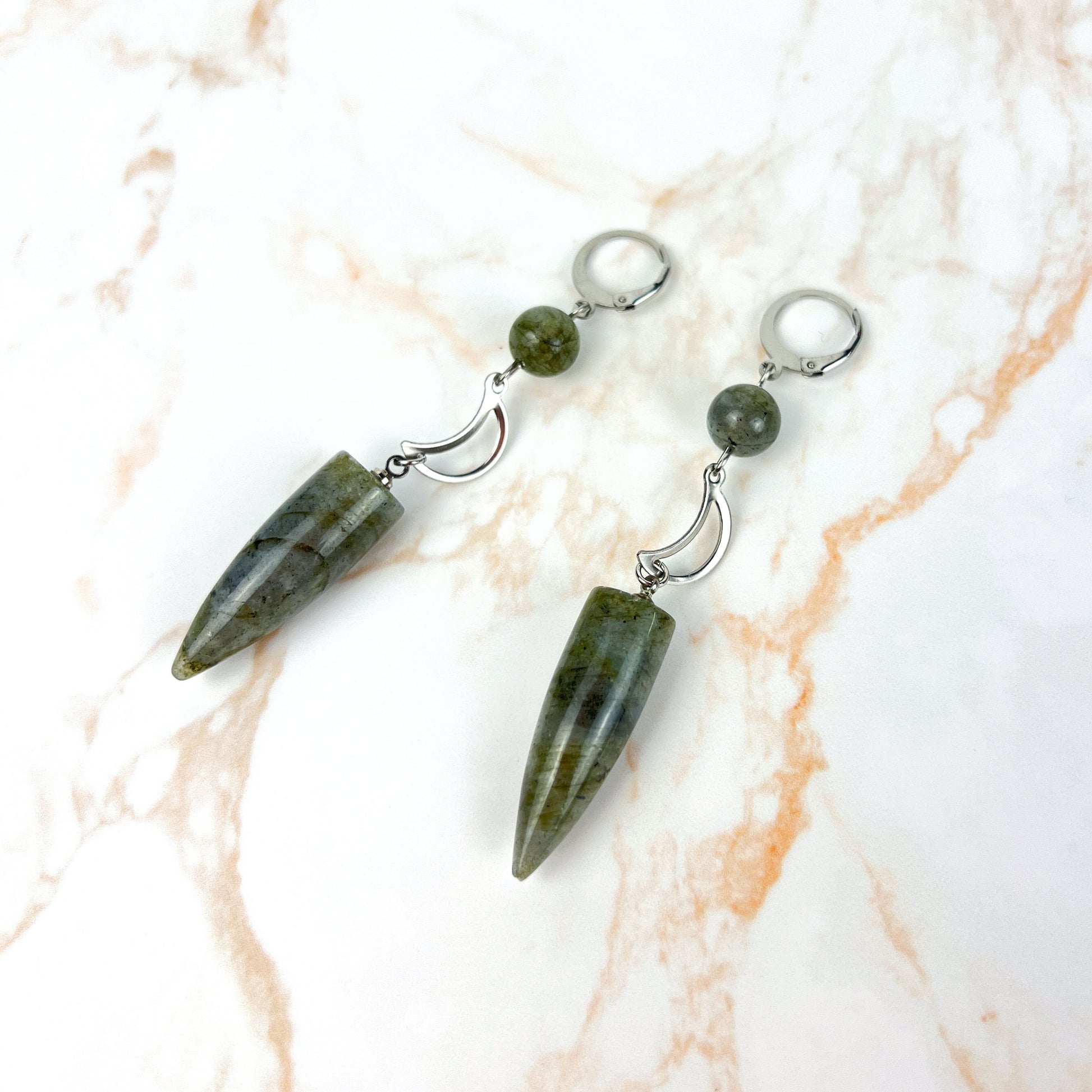 Stainless steel Moon crescent and labradorite boho earrings Baguette Magick