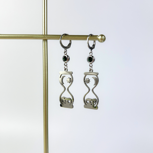 Celestial hourglass earrings with emerald green rhinestones Baguette Magick