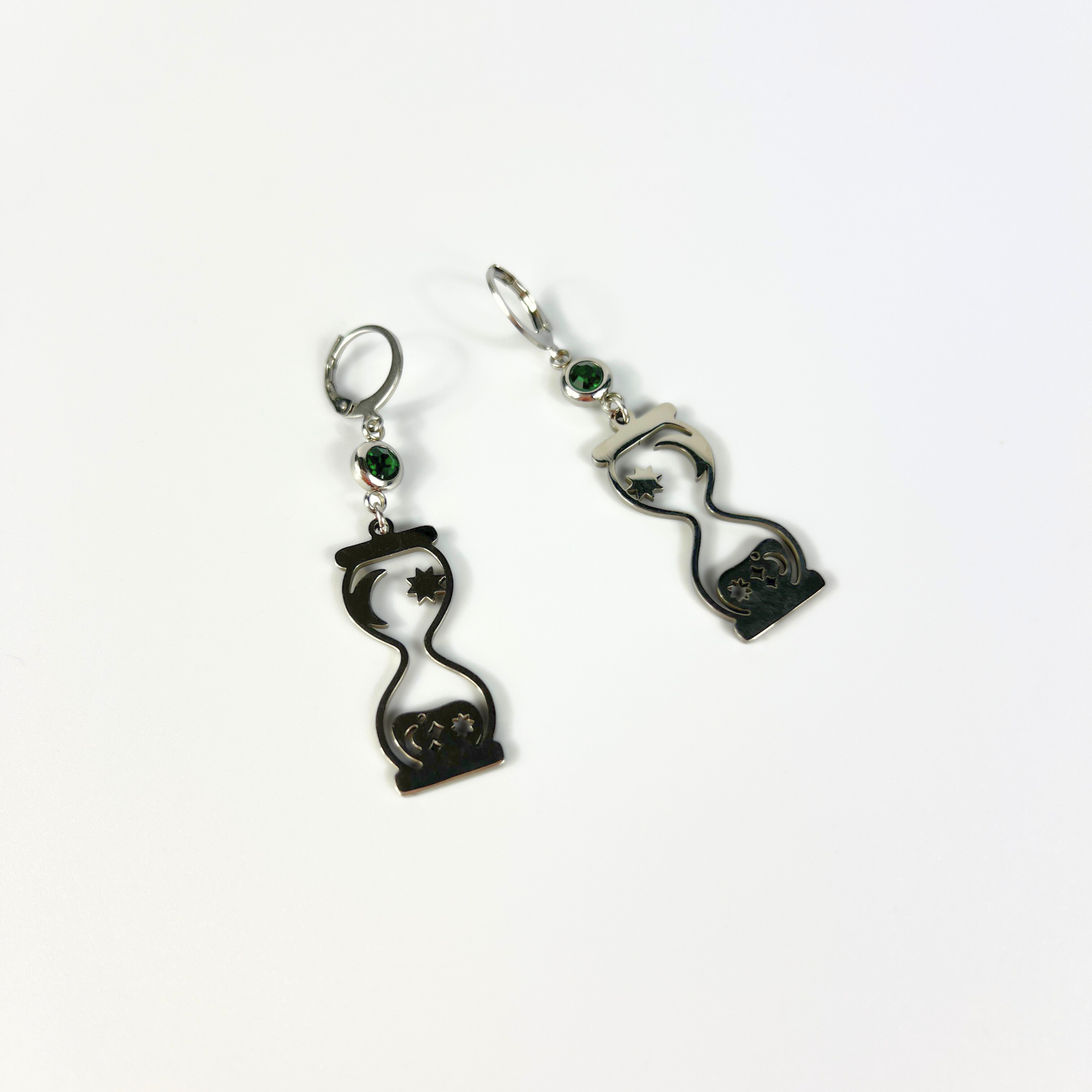 Celestial hourglass earrings with emerald green rhinestones Baguette Magick