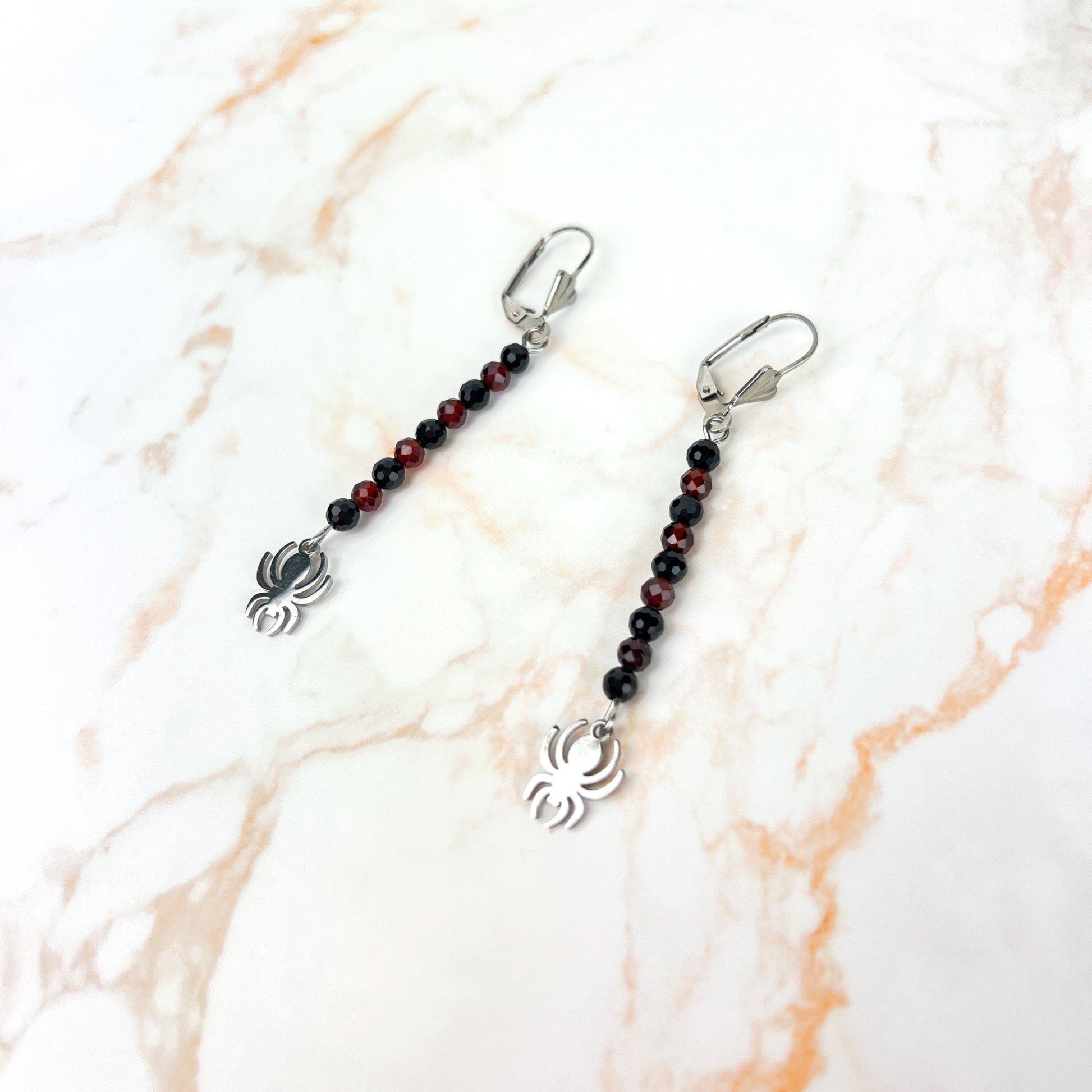 Gothic spider earrings with garnet, onyx and stainless steel elegant gothic jewelry witchy gemstone earrings