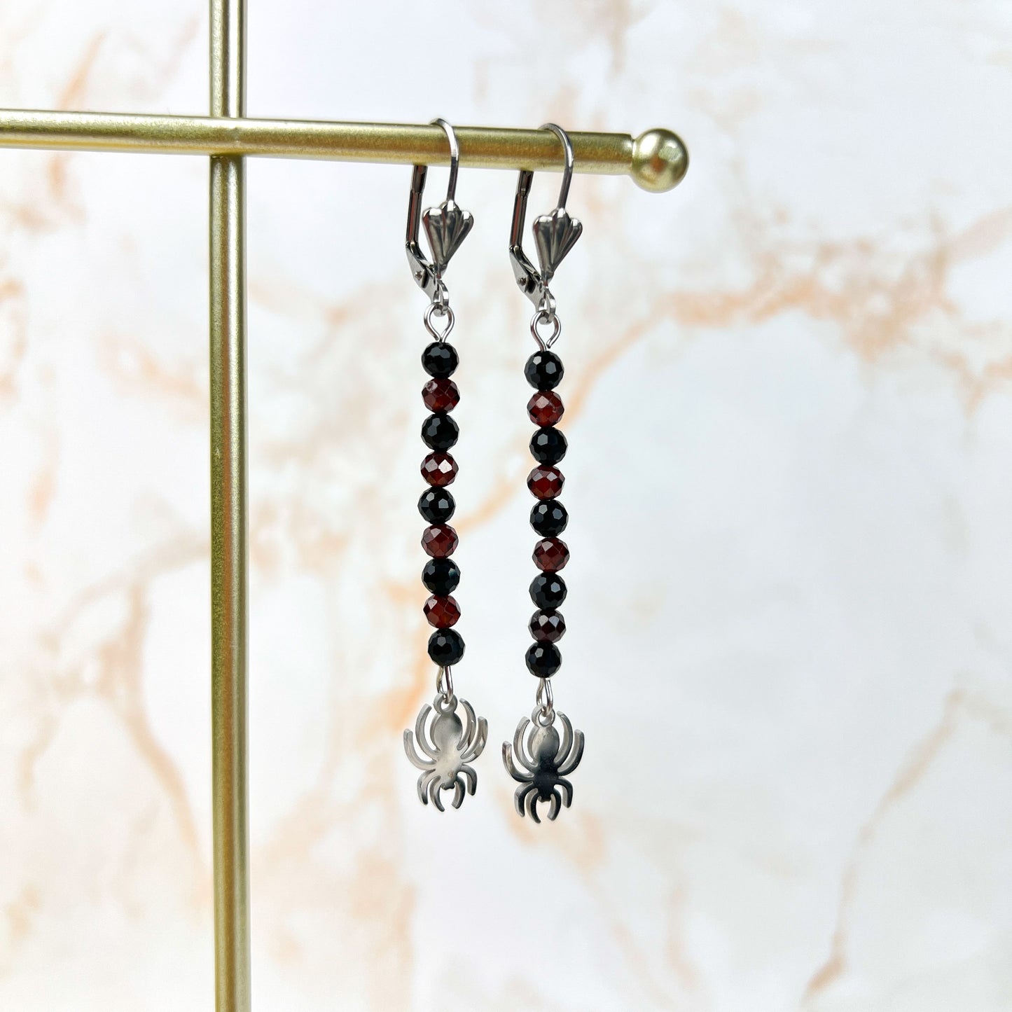 Gothic spider earrings with garnet, onyx and stainless steel elegant gothic jewelry witchy gemstone earrings