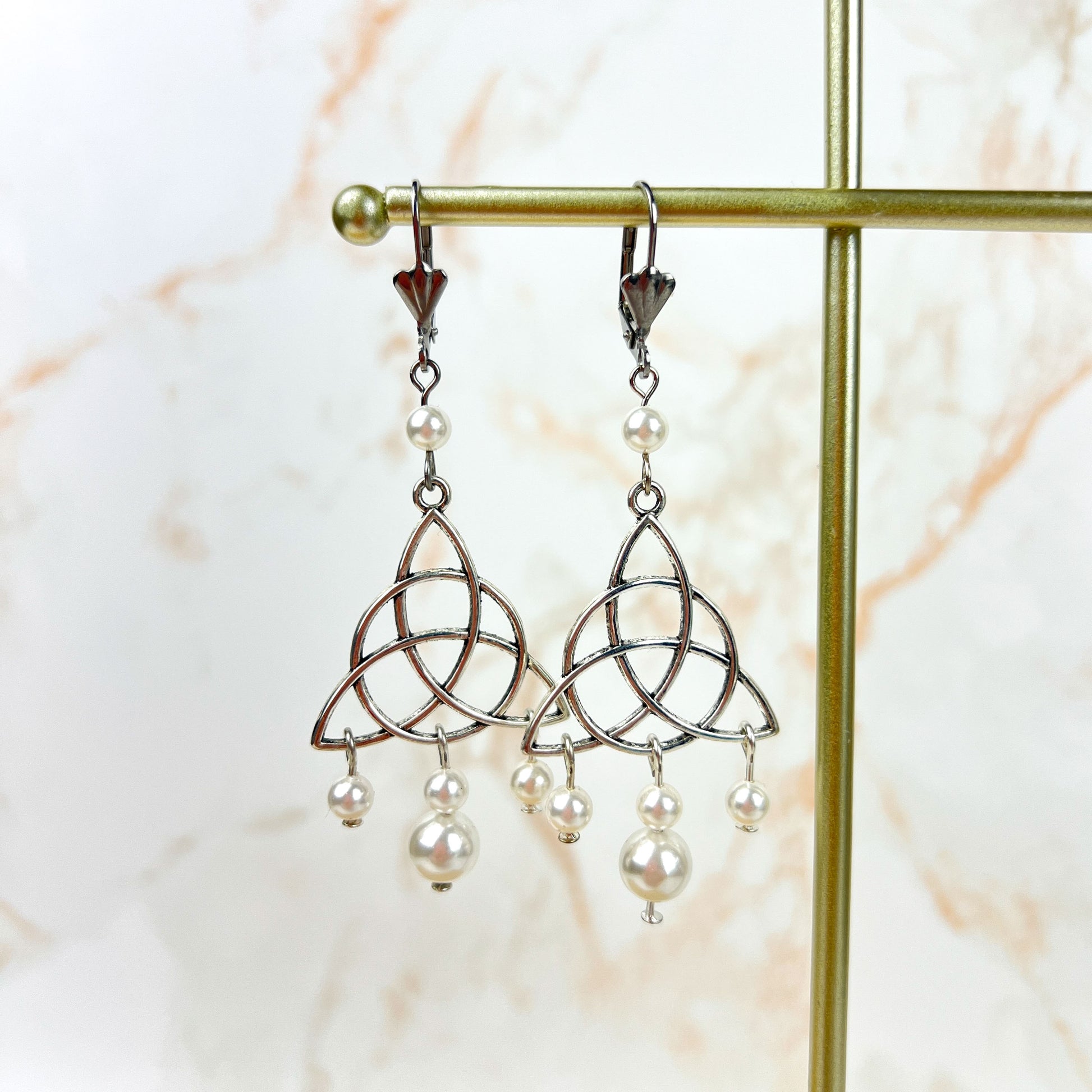 Victorian Edwardian triquetra and pearls teardrop earrings Baguette Magick