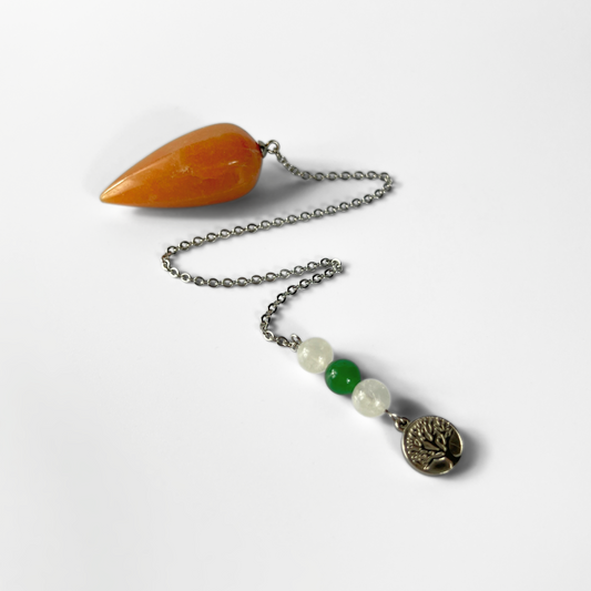 Orange and green aventurine, clear quartz, and tree of life pendulum