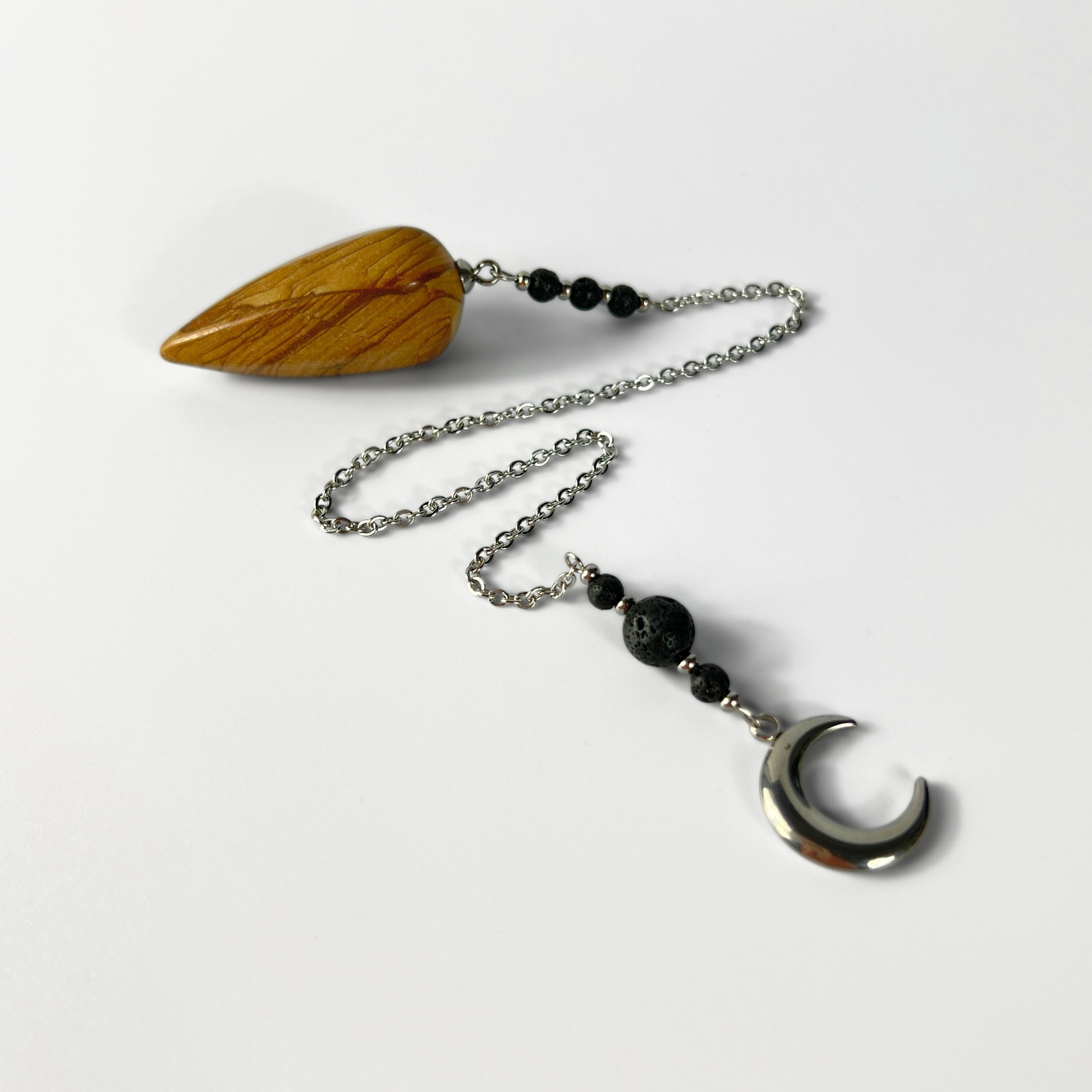 Picture jasper, lava rock and Moon crescent pendulum Baguette Magick