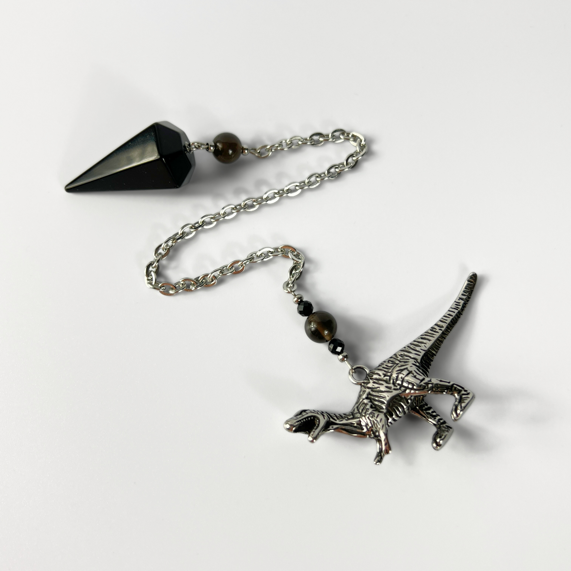 Velociraptor dinosaur dowsing pendulum, obsidian, smoky obsidian, onyx Baguette Magick